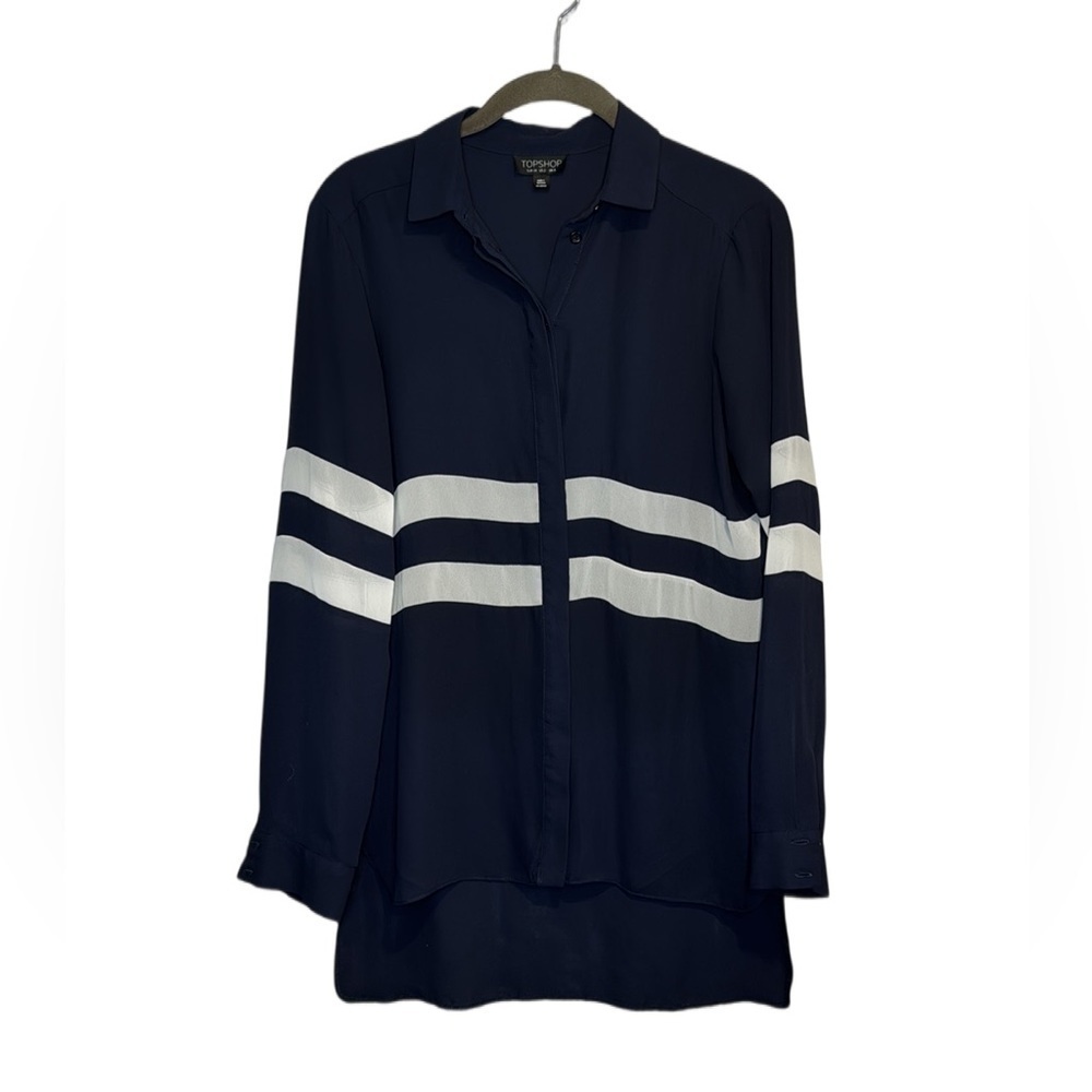 Top shop Navy and White Stripe Sheer Collared Button Down Top size 2